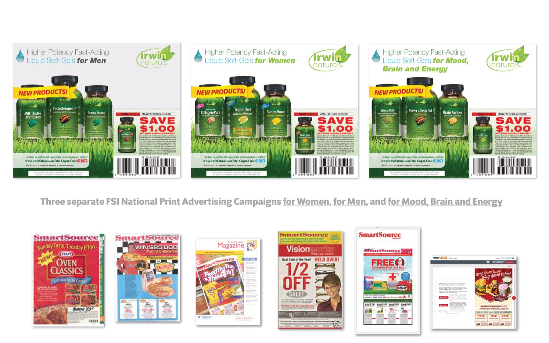 Irwin Naturals FSI coupon insert executions across three product lines
