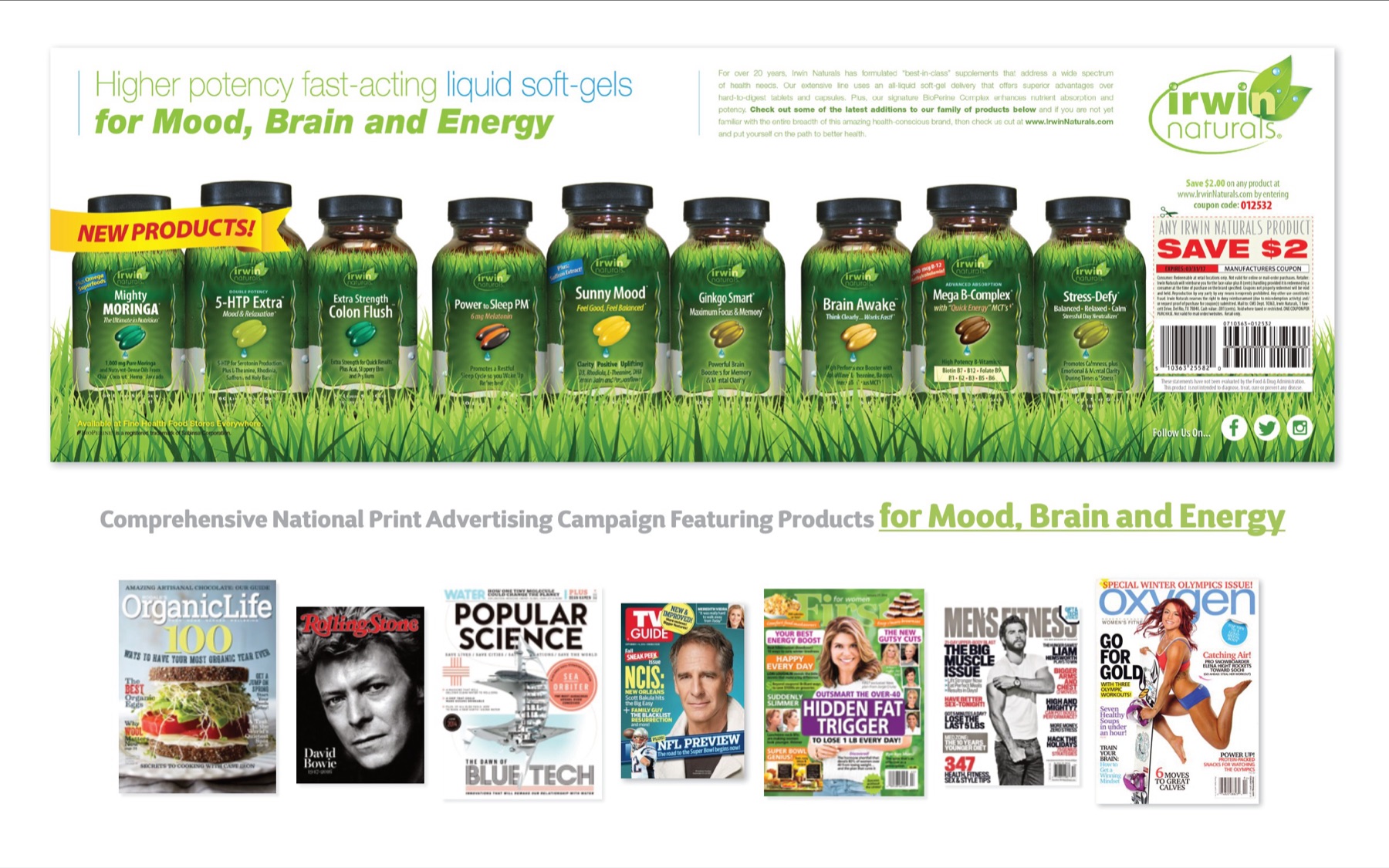 Irwin Naturals national print spread for the Mood, Brain and Energy line